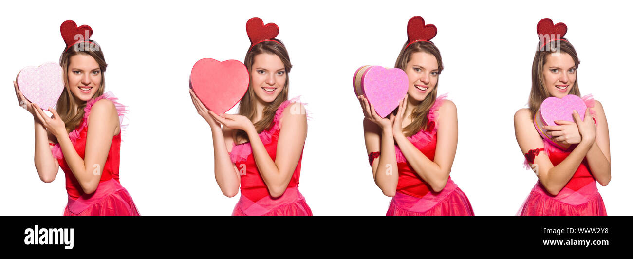 Girl in pretty pink dress with gift box isolated on white Stock Photo ...