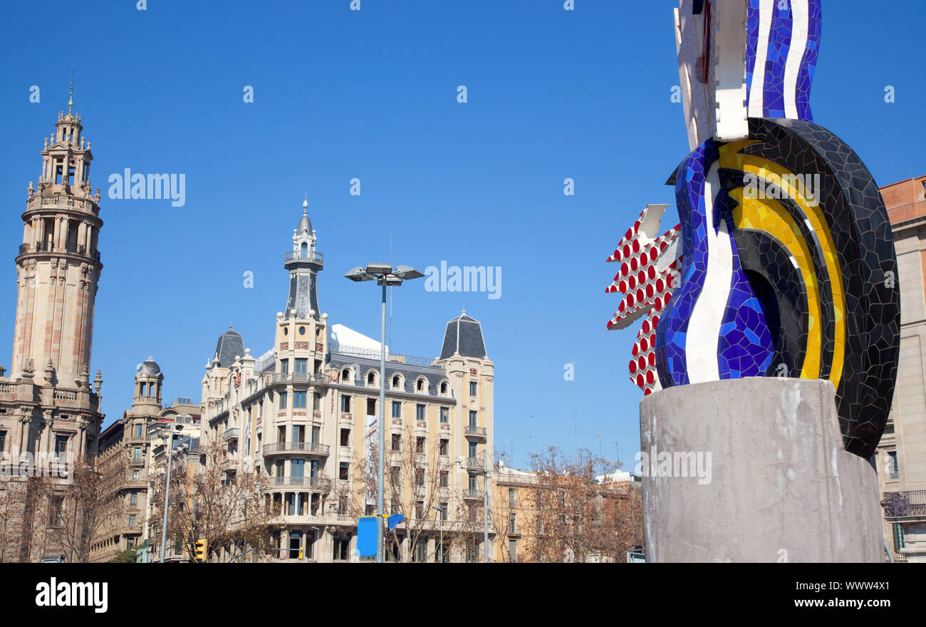 pop statue head of Barcelona Roy Lichtenstein on passeig de Colon and via Laietana Stock Photo