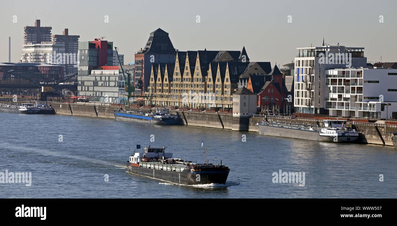 freight ship on river Rhine, Cologne, Rhineland, North Rhine-Westphalia, Germany, Europe Stock Photo