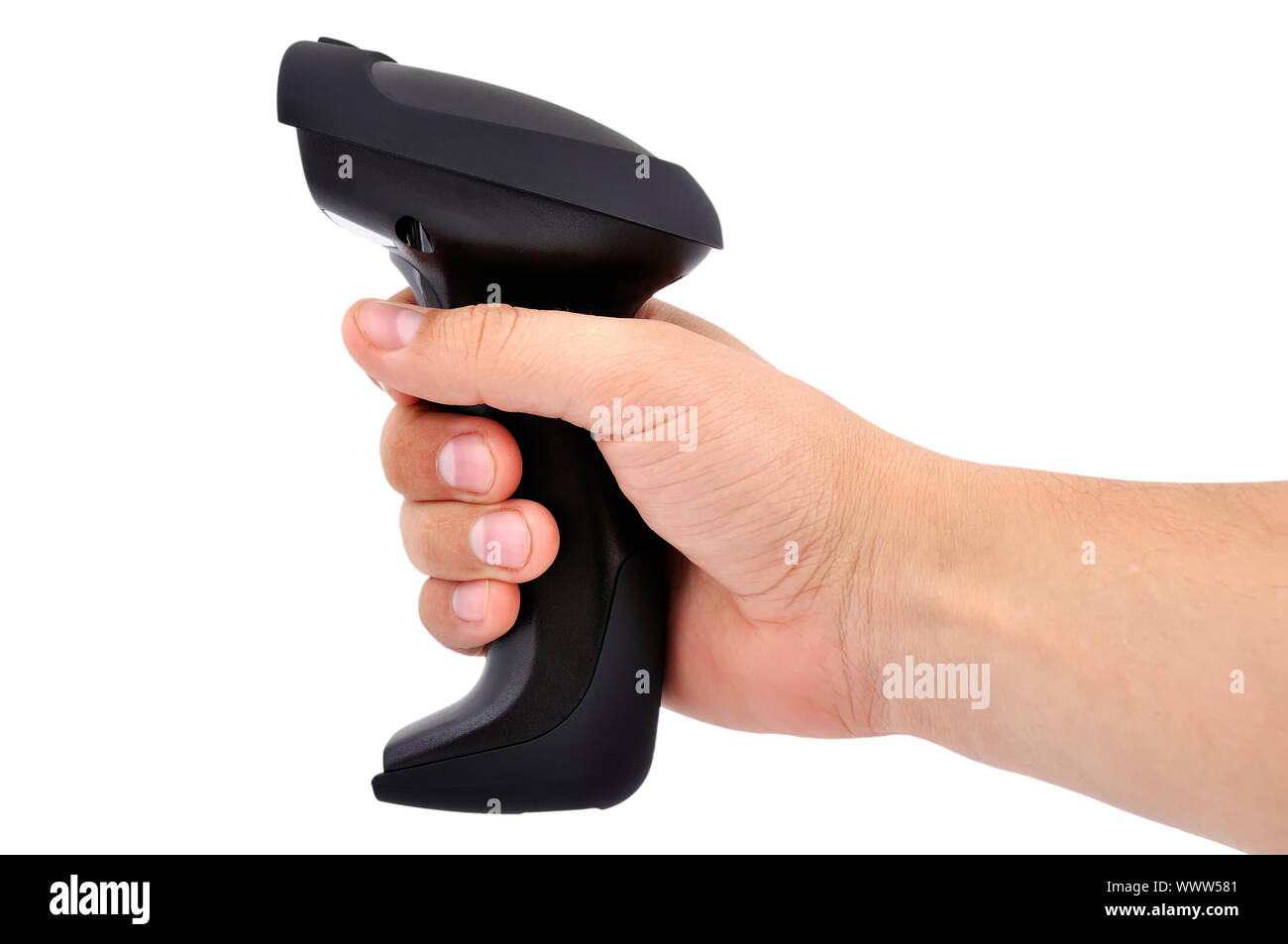 bar code reader in hand isolated on white background Stock Photo Alamy