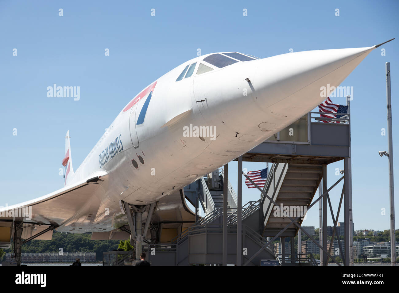 New York, USA - June 11th 2019: British Airways Concorde aircraft nose at Intrepid Sea, Air & Space Museum Stock Photo