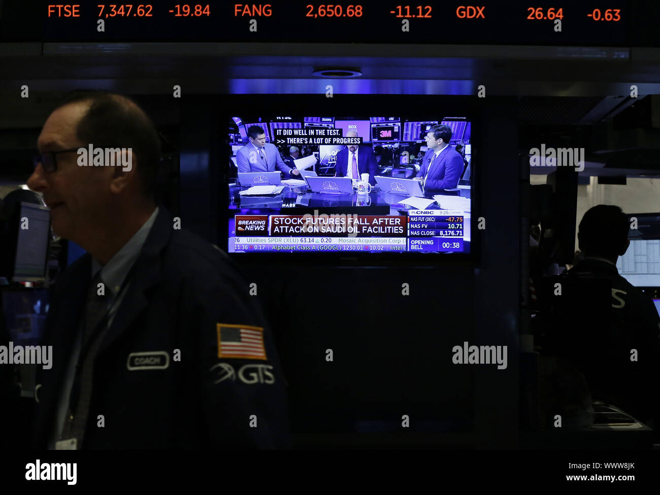 New York, USA. 16th Sep, 2019. Brent Crude Oil is up over $6.00 at $66.30 before the opening bell on the the floor of the New York Stock Exchange on Wall Street in New York City on Monday, September 16, 2019. Credit: UPI/Alamy Live News Stock Photo