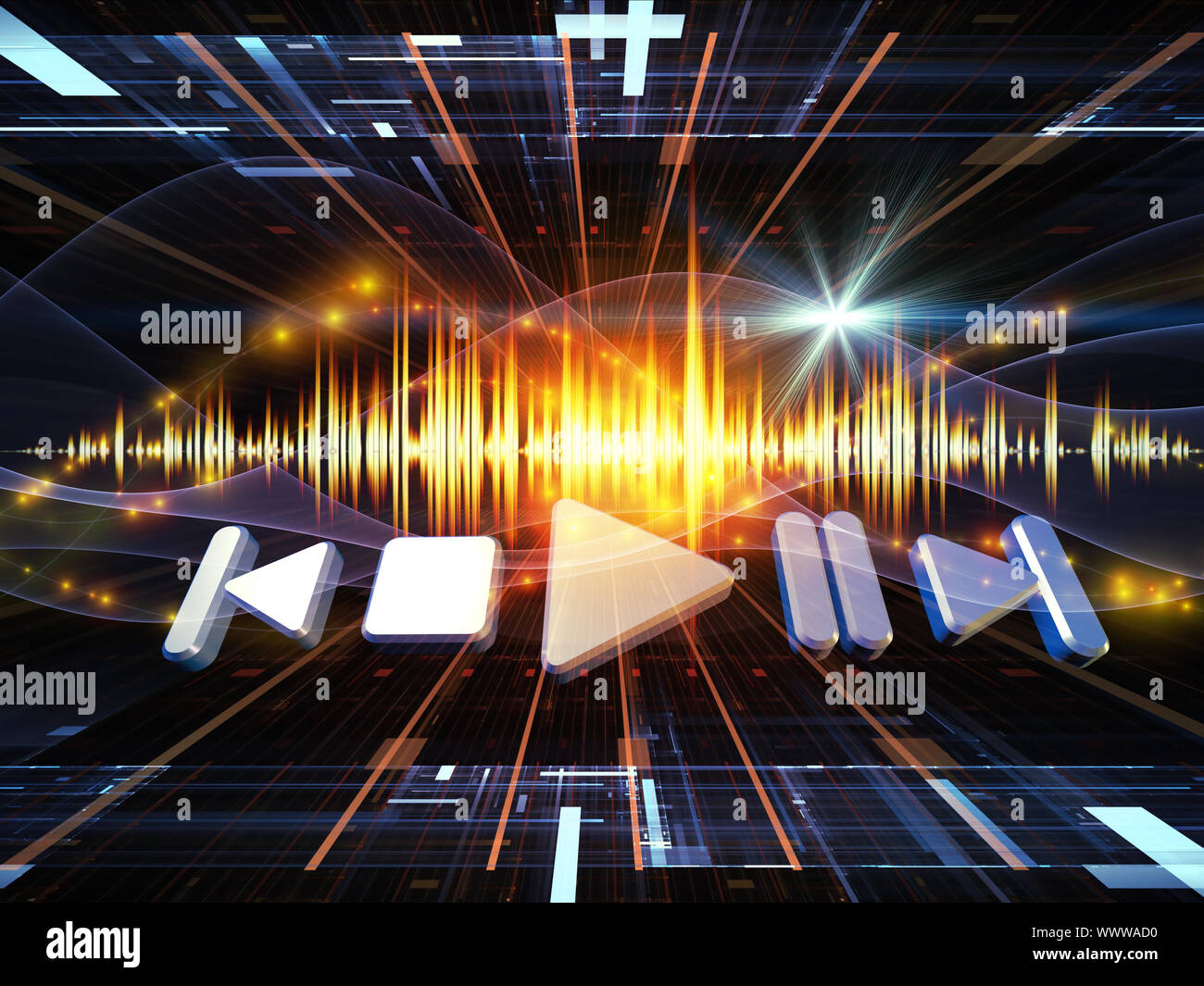 Interplay of player controls, perspective fractal grids, lights, wave and sine patterns on the subject of music, sound equipment and processing, audio Stock Photo