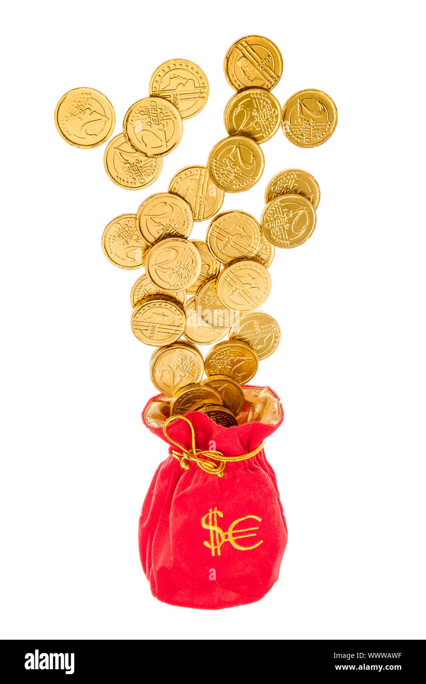 Sack with euro and dollars coins on a white background Stock Photo - Alamy