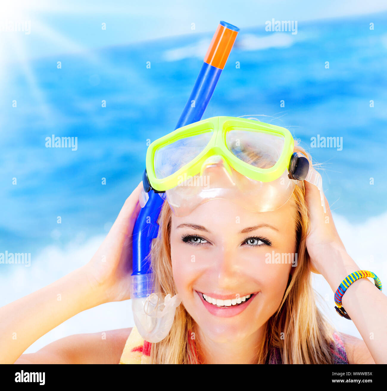 Pretty Teen Girl Closeup Portrait On The Beach Summer Fun Outdoor Woman Wearing Snorkeling