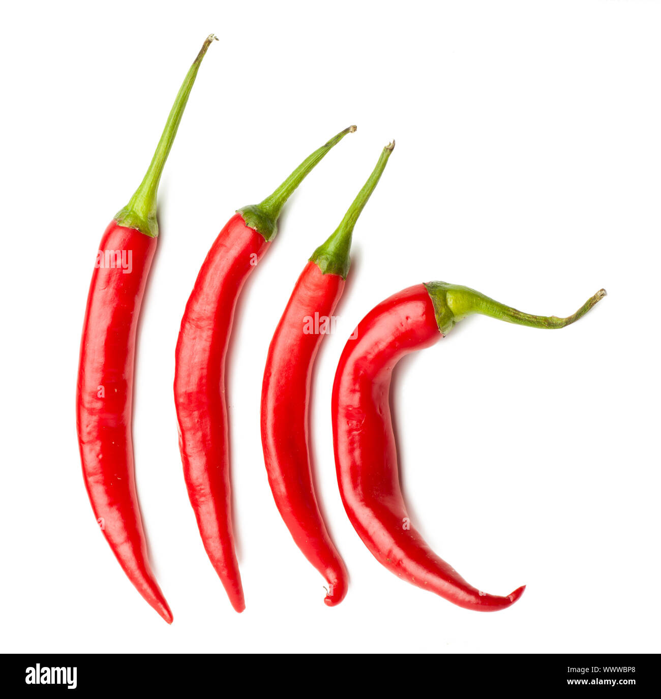 Four red chili peppers over white background Stock Photo - Alamy