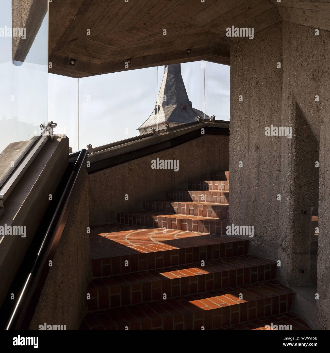 view from the staircase of Bensberg town hall to Bensberg Castle, Bergisch Gladbach, Germany, Europe Stock Photo