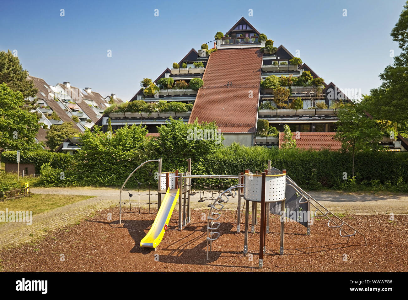 pyramid-shaped appartment house Huegelhaus, Marl, Ruhr Area, Germany, Europe Stock Photo