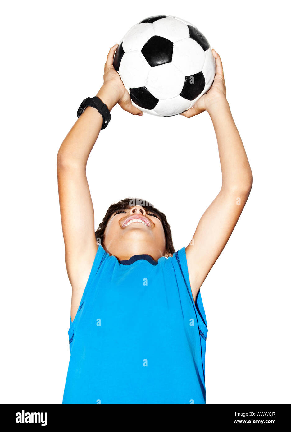 Happy jumping boy, cute kid playing football, active child, young male