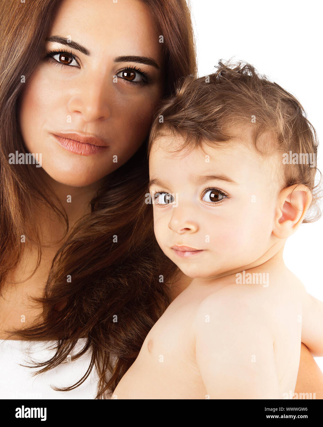 Beautiful mother holding baby boy, mom carry cute child adorable small