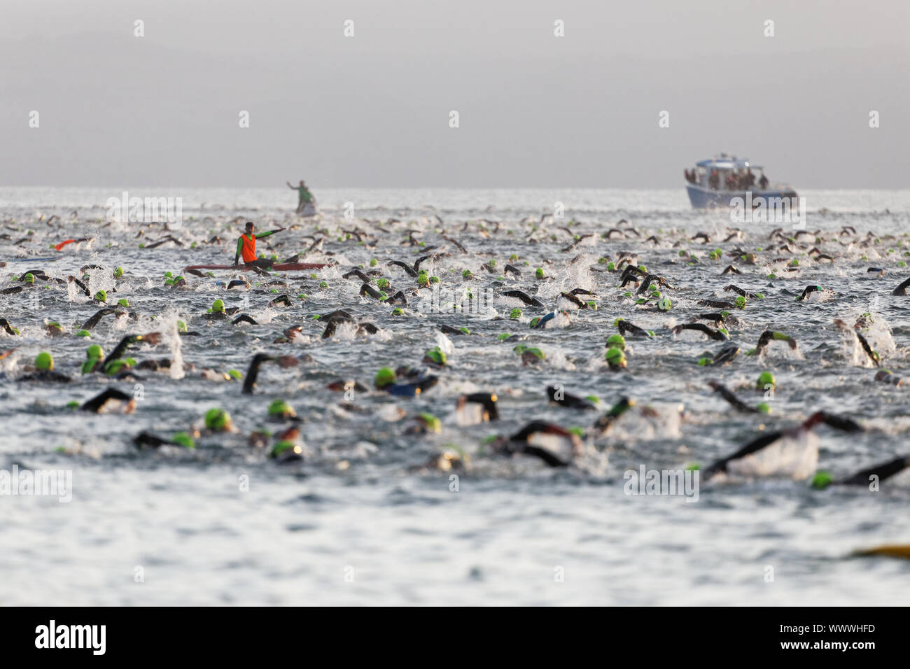 Tenby, UK. 15th Sep, 2019. Pictured: Swimmers set off from the North Beach in Tenby. Sunday 15 September 2019 Re: Ironman triathlon event in Tenby, Wales, UK. Credit: ATHENA PICTURE AGENCY LTD/Alamy Live News Stock Photo