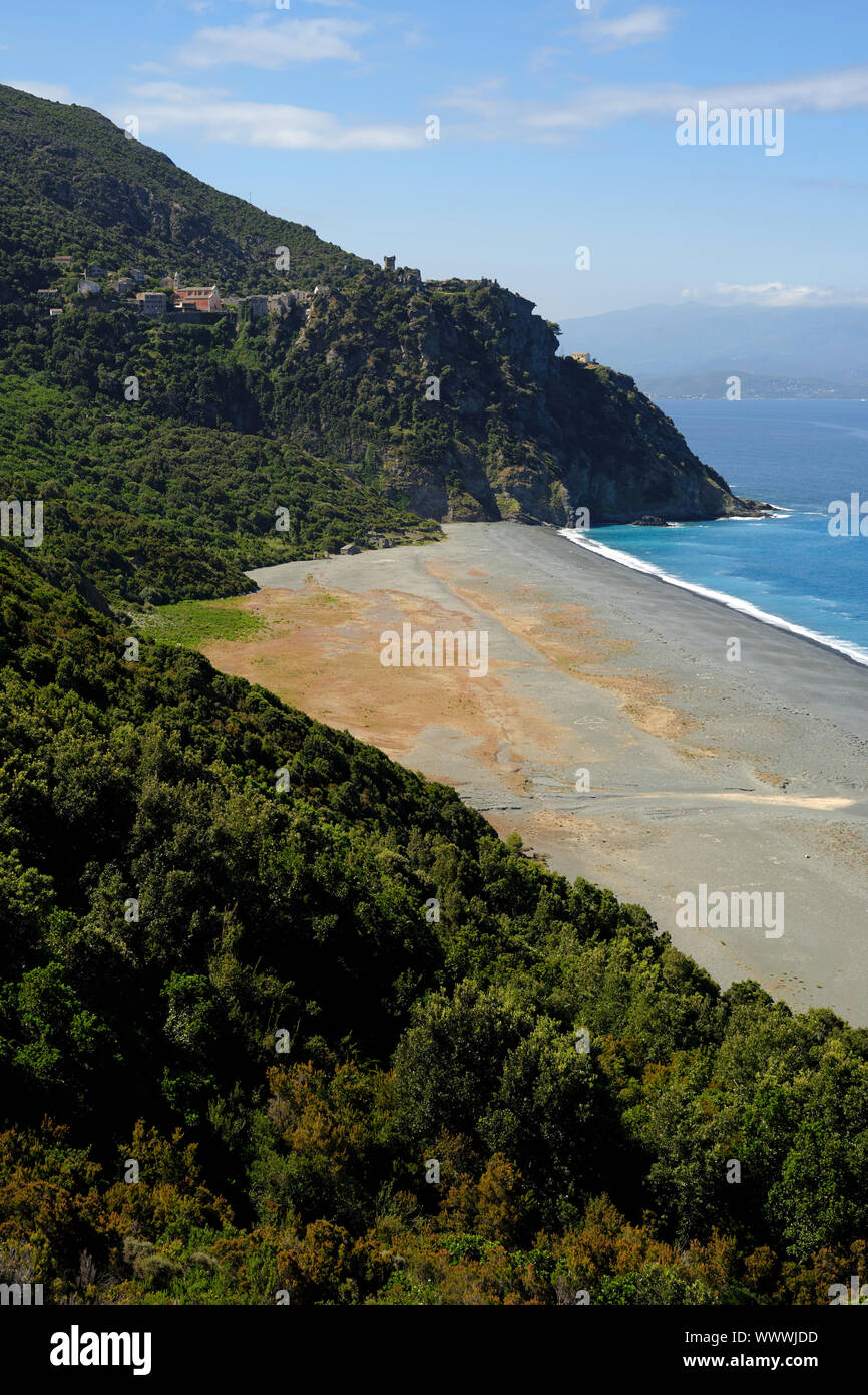 Nonza hilltop village and beach landscape in the Haute-Corse department Cap Corse north Corsica France. Stock Photo
