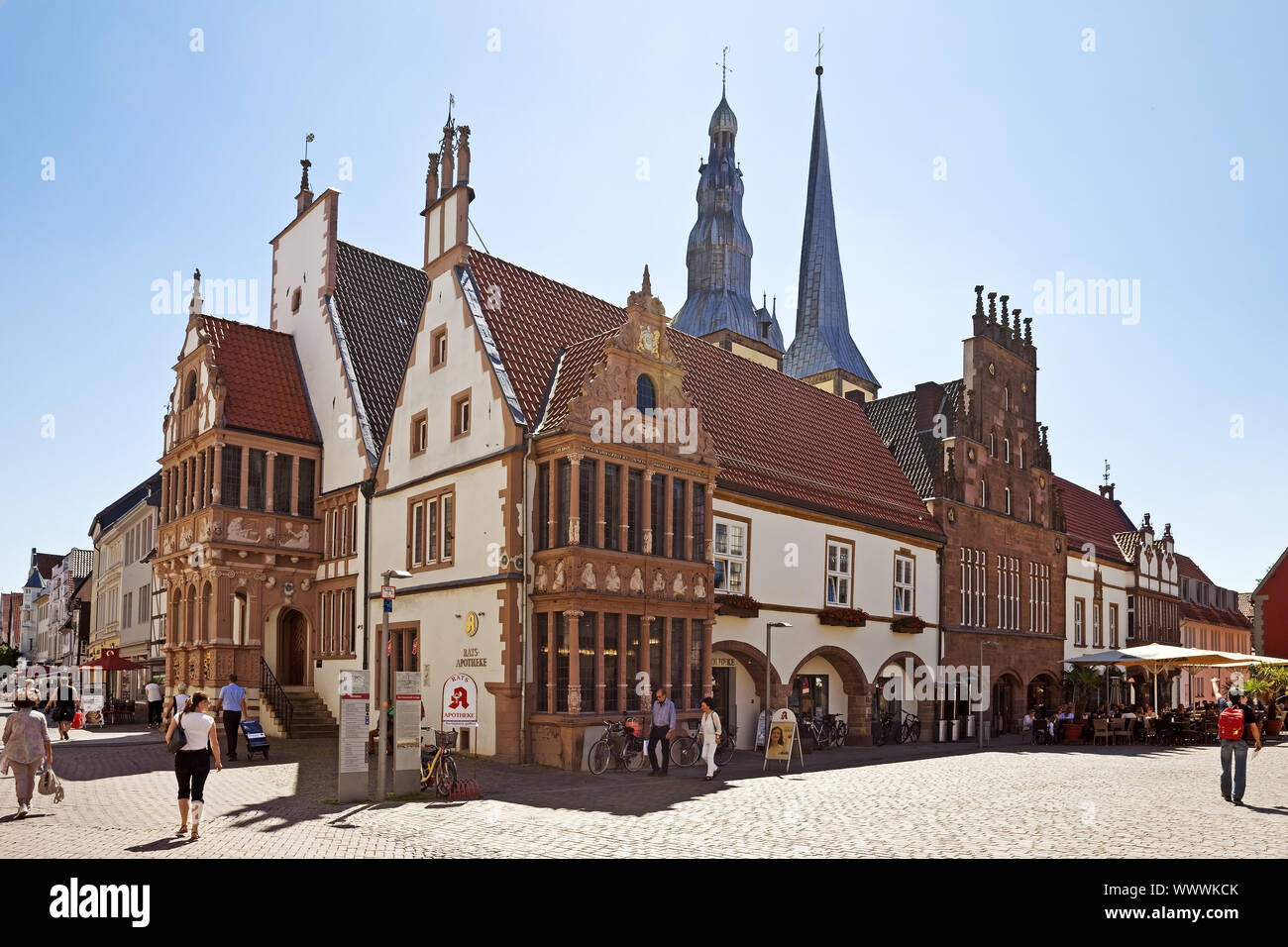 market place with town-hall and the church of St. Nicholas, Lemgo, North Rhine-Westphalia, Germany Stock Photo