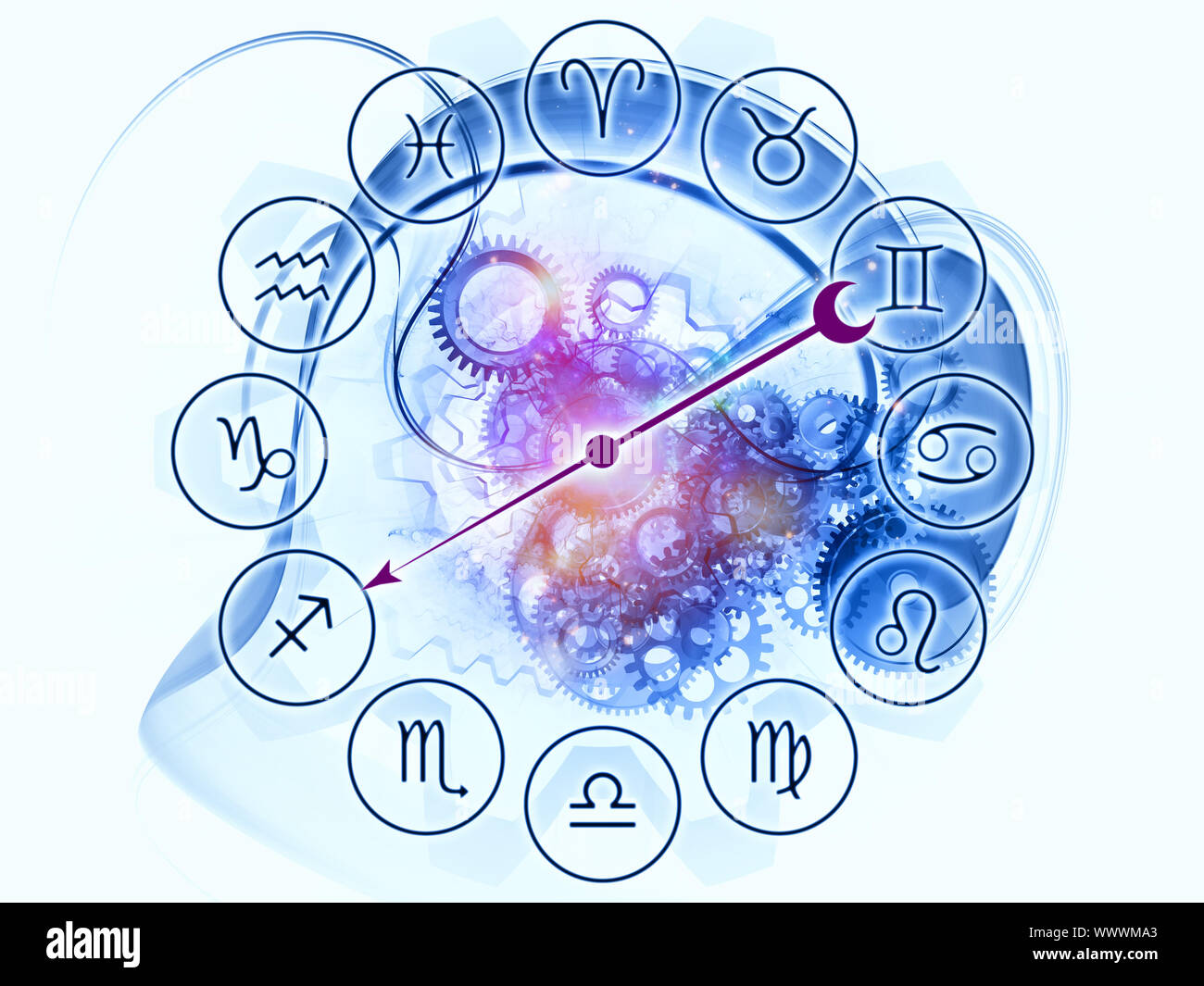 Arrangement of Zodiac symbols, gears, lights and abstract design ...