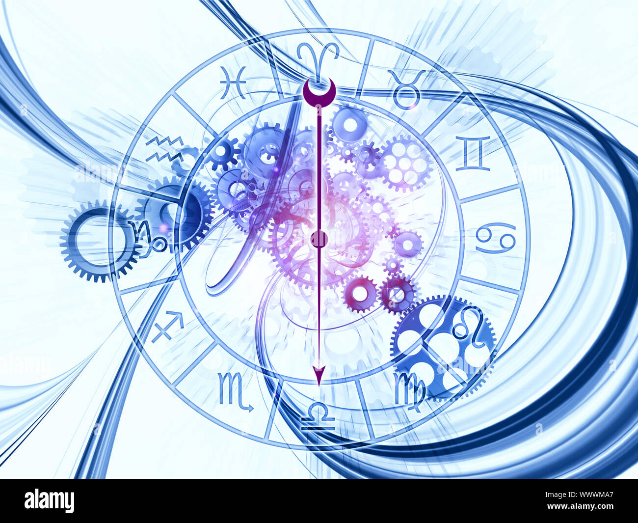 Interplay of Zodiac symbols, gears, lights and abstract design elements ...
