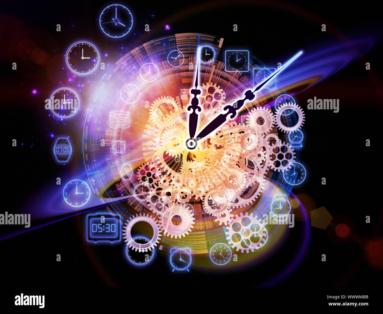 Composition of gears, clock elements and abstract design elements as a