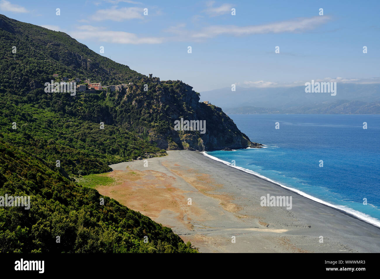 Nonza hilltop village and beach landscape in the Haute-Corse department Cap Corse north Corsica France. Stock Photo