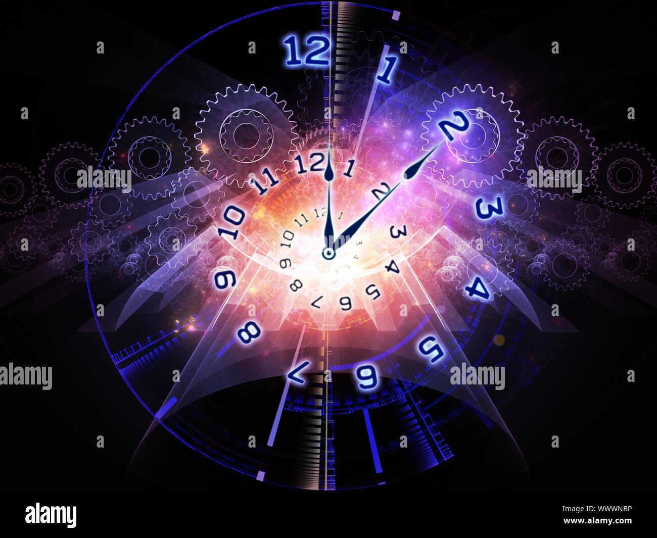 Composition of clock hands, gears, lights and abstract design elements