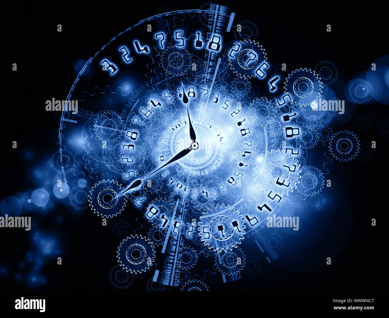 Composition of clock hands, gears, lights and numbers on the subject of ...