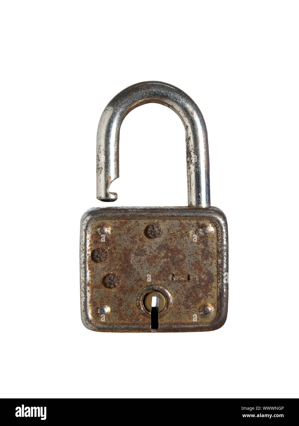 An old and rusty lock opened against a white background Stock Photo - Alamy