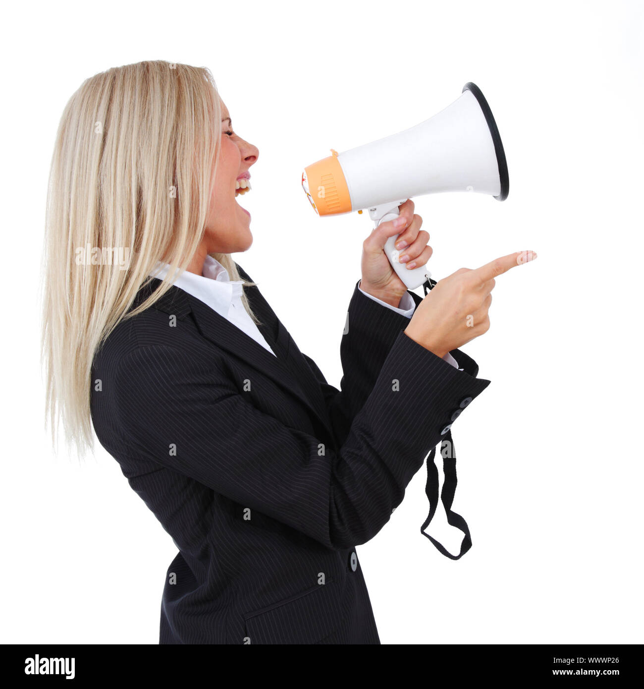 business woman with megaphone isolated white background Stock Photo