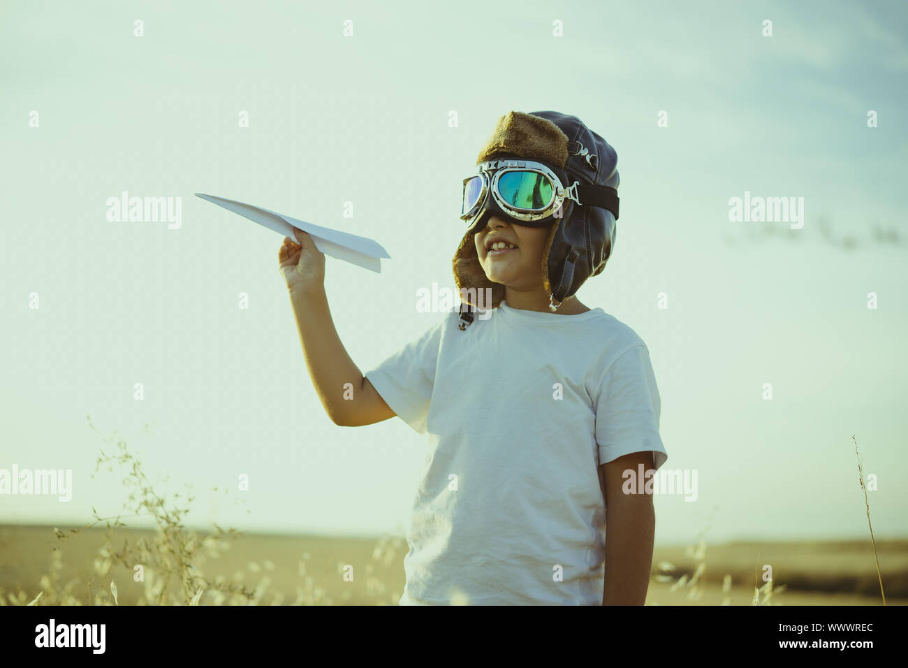 Game, Boy playing to be airplane pilot, funny guy with aviator cap and