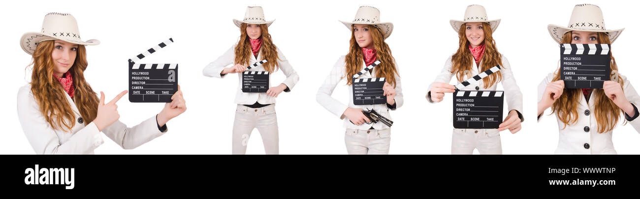 Young   cowgirl  with movie board isolated on white Stock Photo