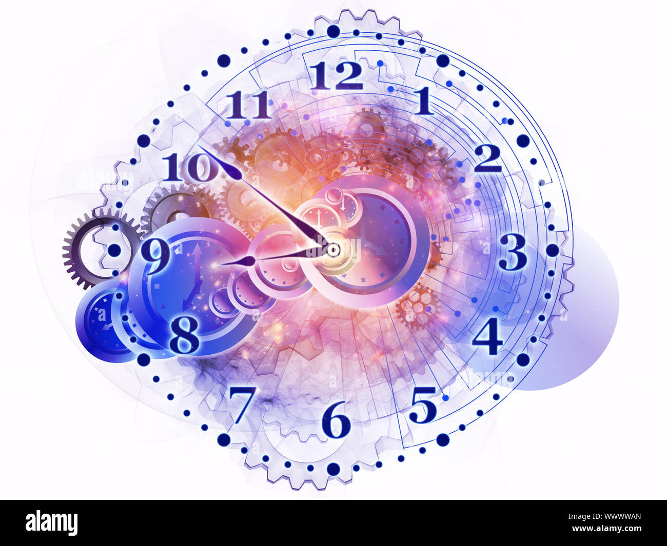 Design composed of gears, clock elements, dials and dynamic swirly
