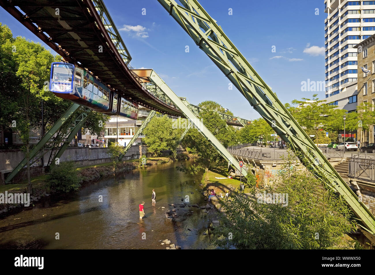 Wuppertal suspension railway over river Wupper in the city, Wuppertal, Germany, Europe Stock Photo