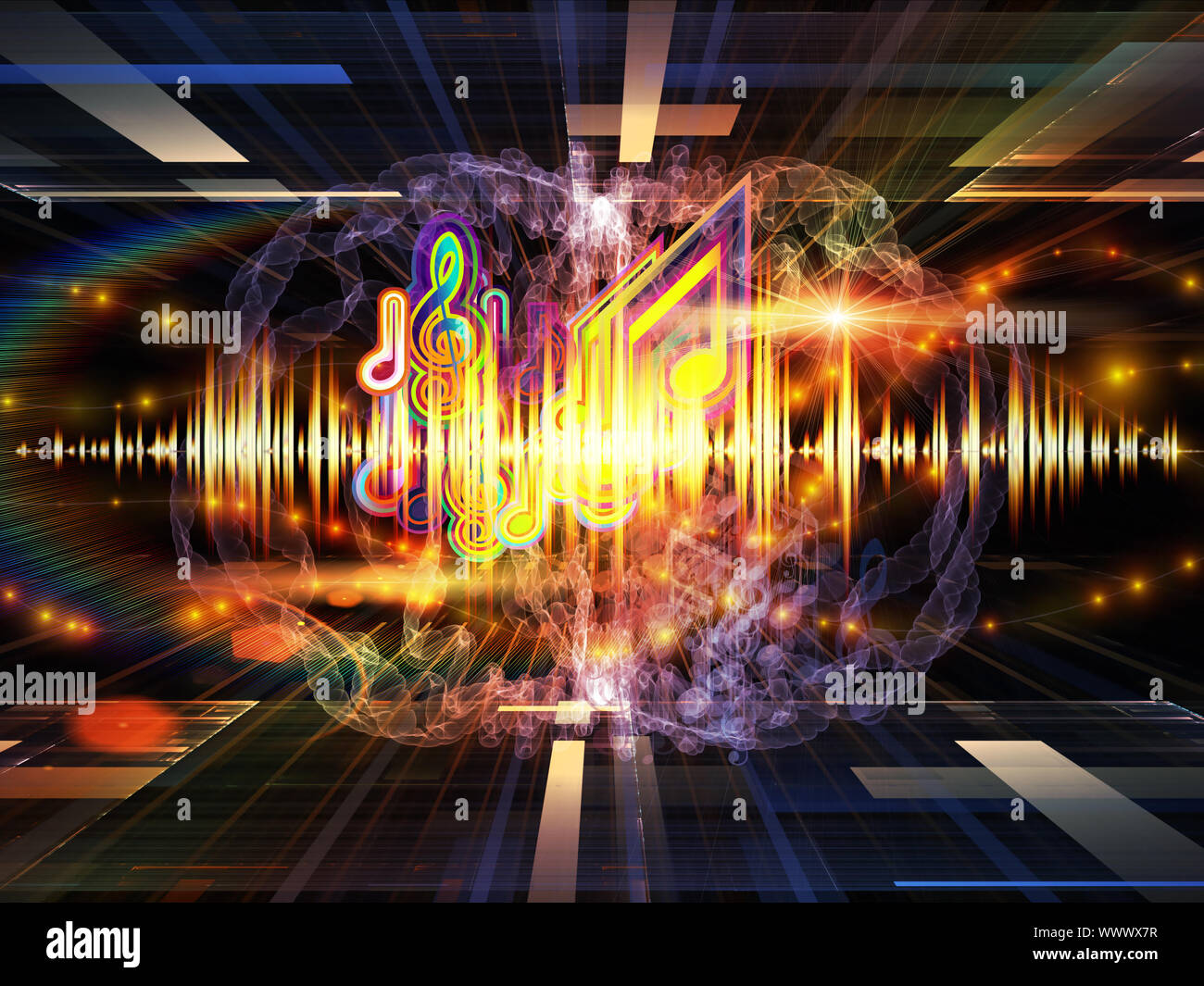 Arrangement of musical notes, perspective fractal grids, lights, wave ...