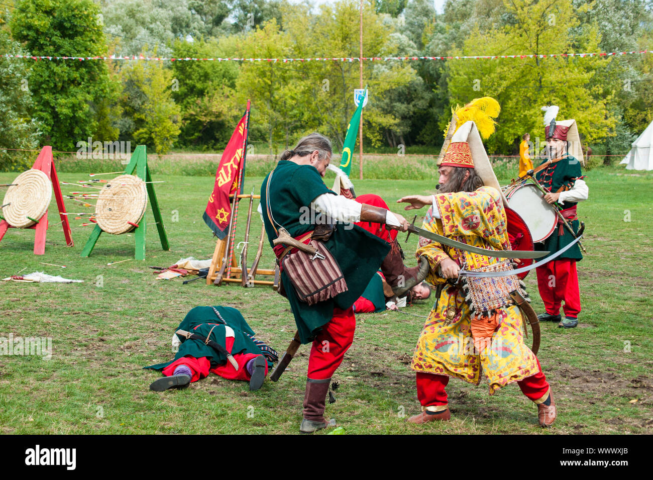 Live show by a Slovak group of performers depicting Turkish medieval soldiers in action. Historical festival at the Pultusk castle in central Poland, Stock Photo