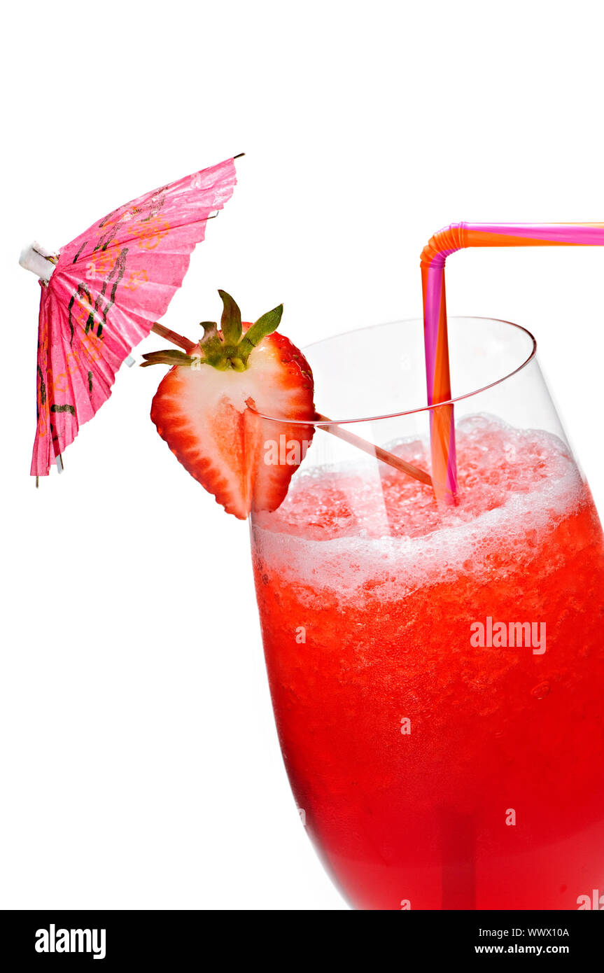 Strawberry daiquiri in glass isolated on white background with umbrella