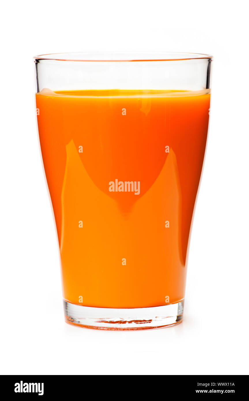 Carrot juice in clear glass isolated on white background Stock Photo