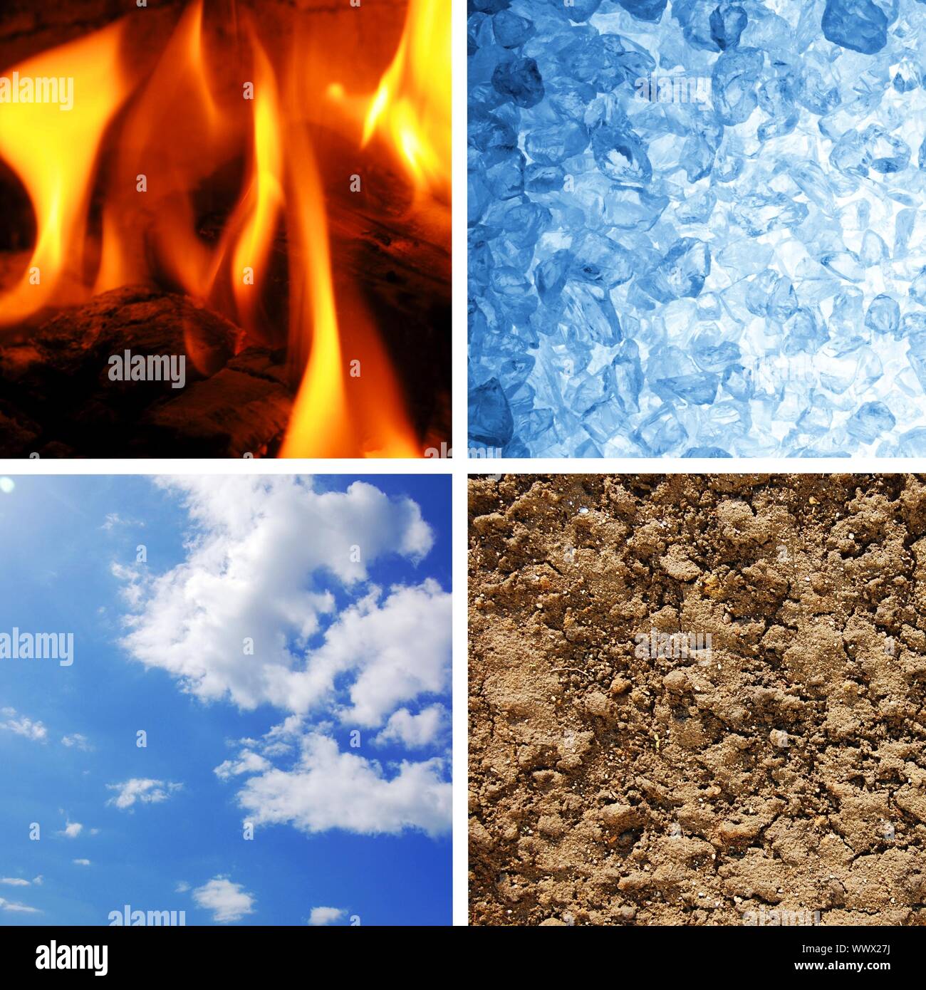 four basic elements of nature with eart, water, wind and fire Stock Photo