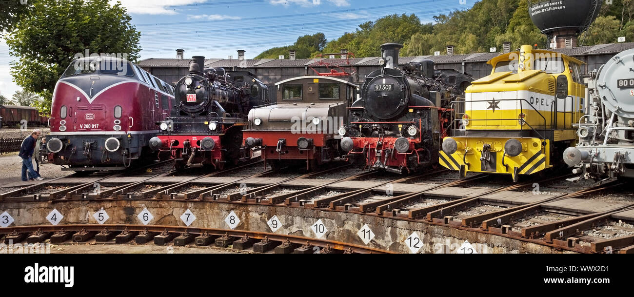 differnt kinds of steam locomotives, Bochum Dahlhausen Railway Museum, Ruhr Area, Germany, Europe Stock Photo