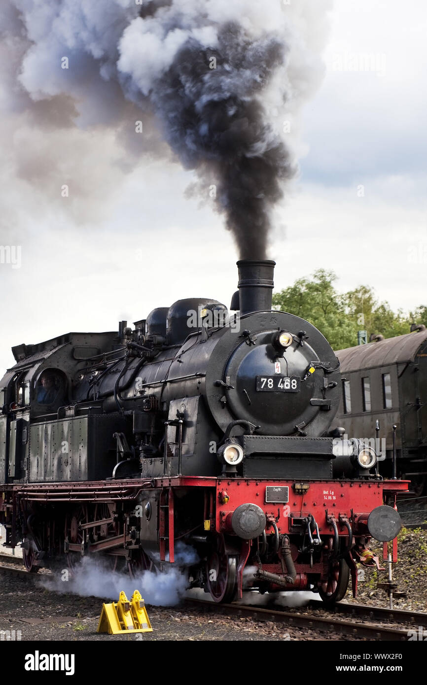 smoking steam locomotive, Bochum Dahlhausen Railway Museum, Ruhr Area, Germany, Europe Stock Photo