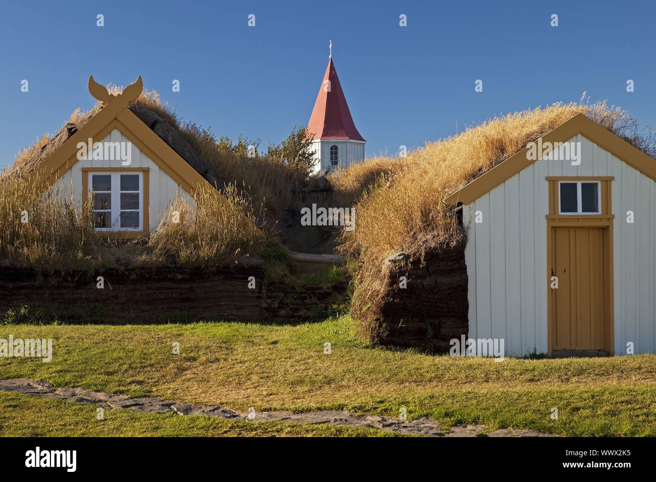 Glaumbær turf farm and church, Glaumbær turf museum,, Iceland, Europe Stock Photo