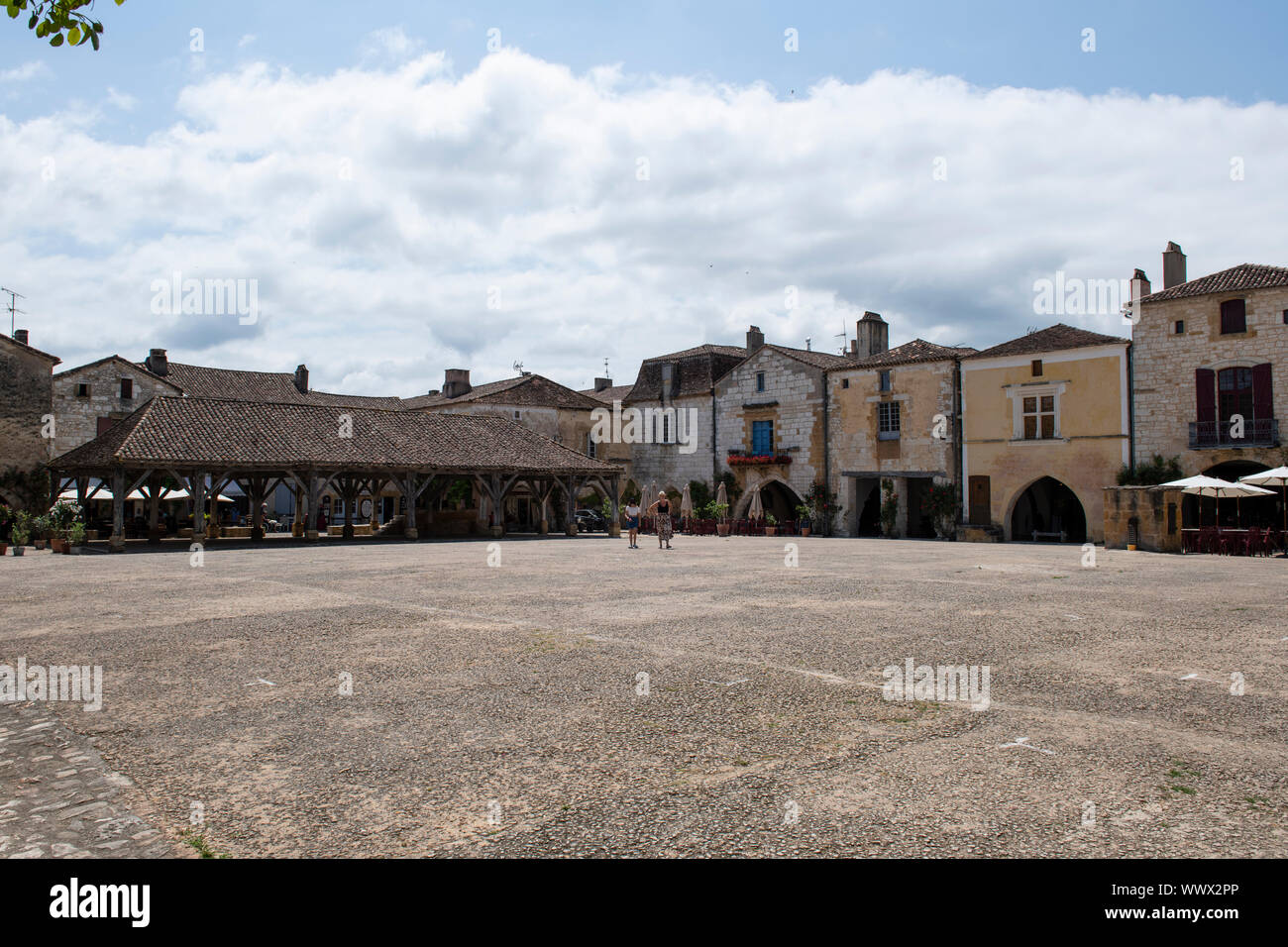 Wide shot of the Main Square of Monpazier in the Dordogne region of France Stock Photo