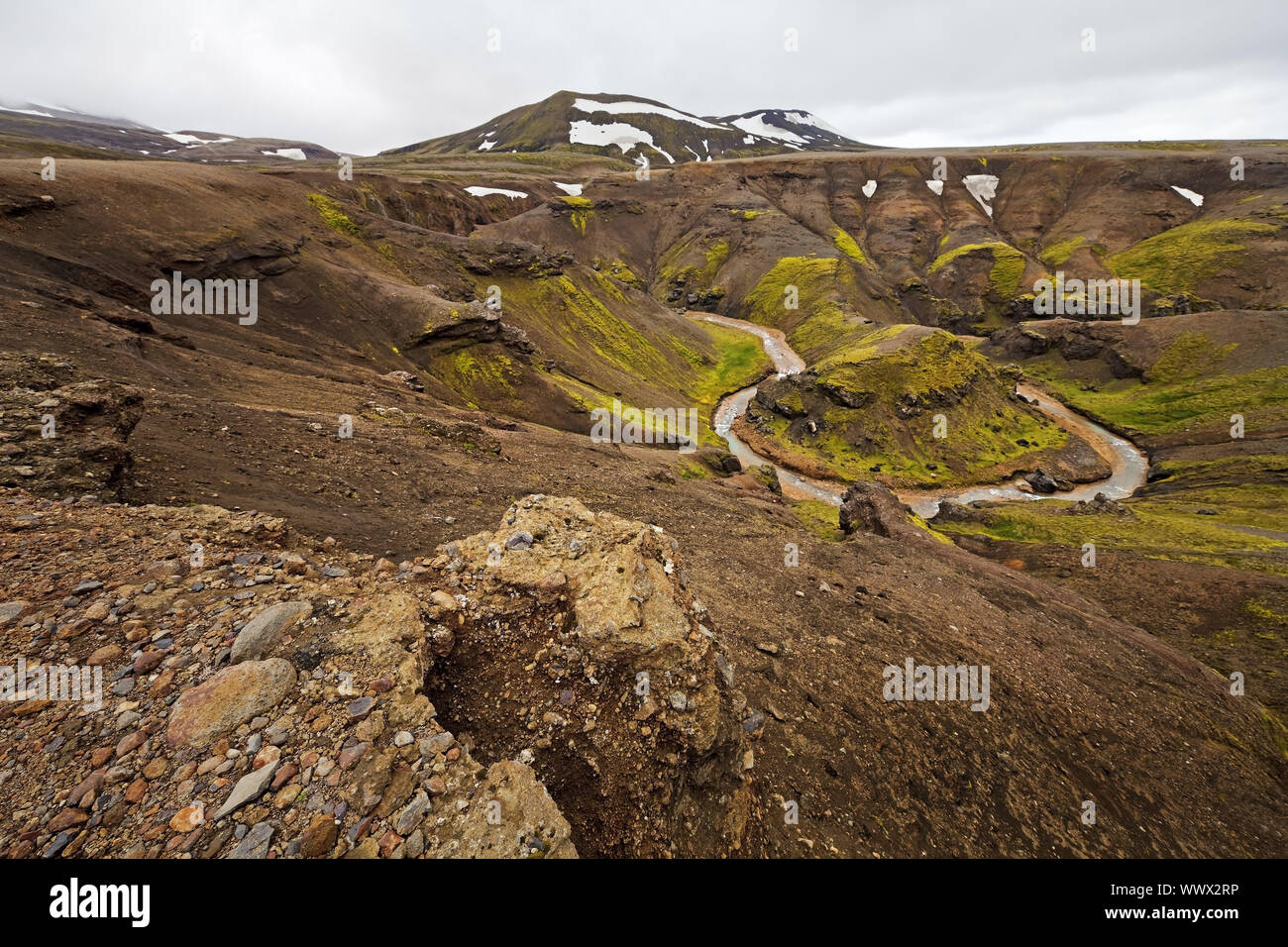 river bend in mountainous bleak landscape, Kerlingarfjoell, Iceland, Europe Stock Photo