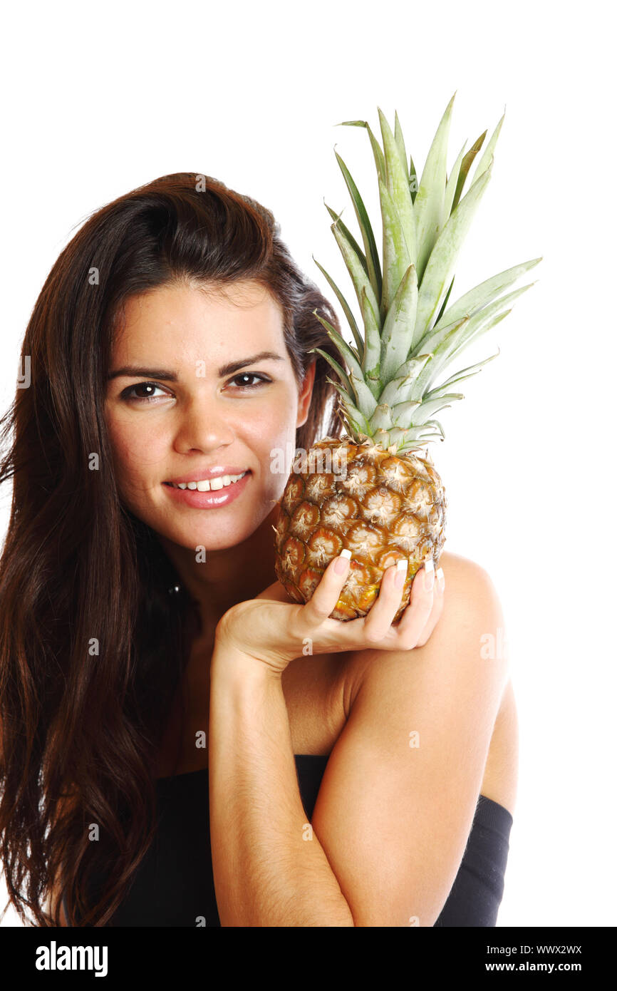 woman take pineapple in hands isolated on white Stock Photo Alamy