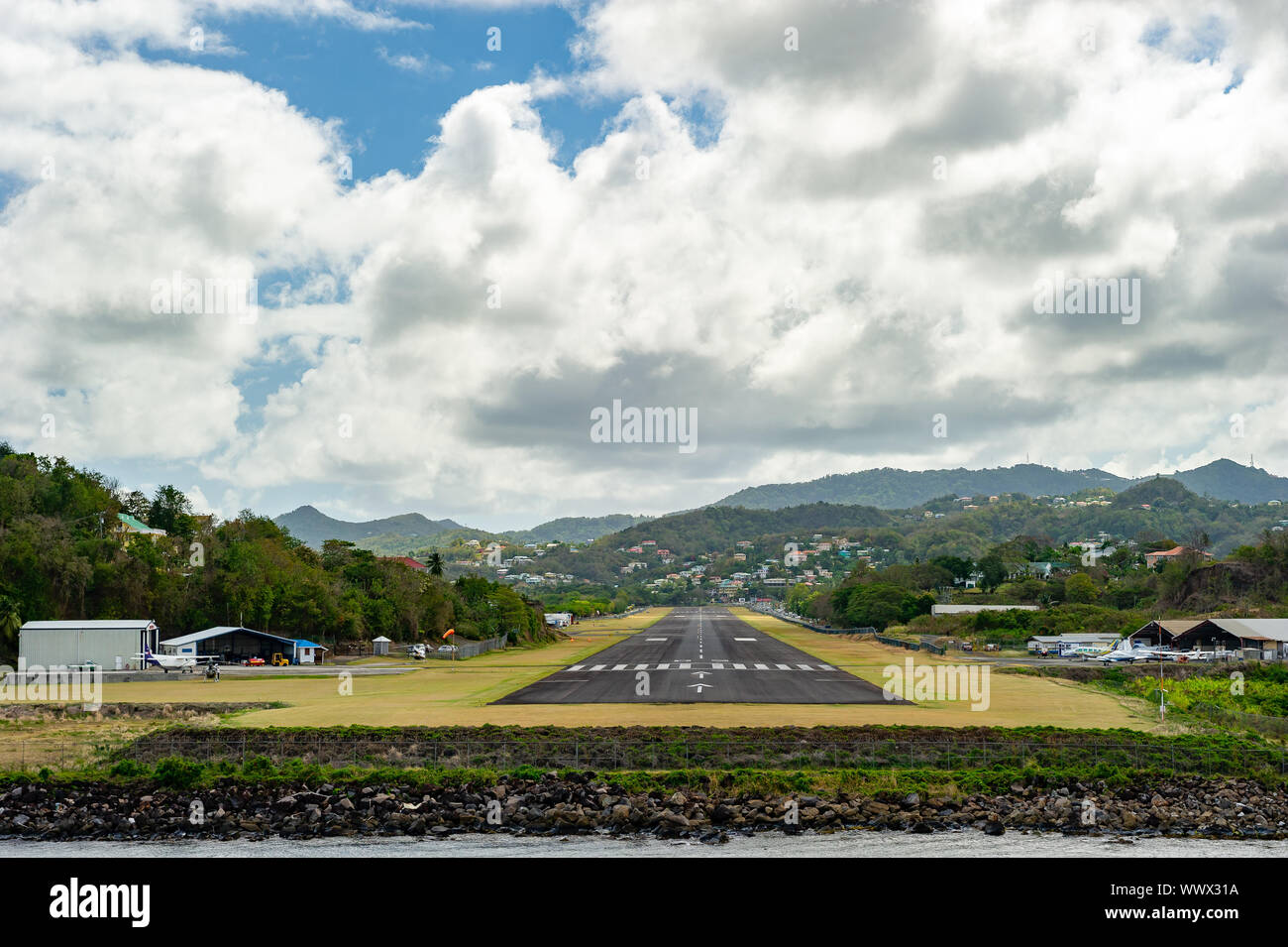 Landing strip seen from the sea, in Saint Lucia Stock Photo