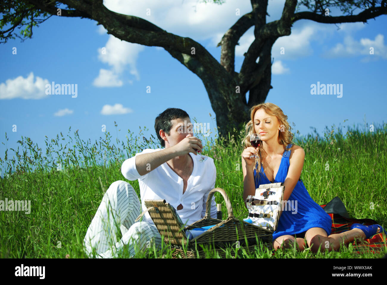 man and woman on picnic in green grass Stock Photo - Alamy