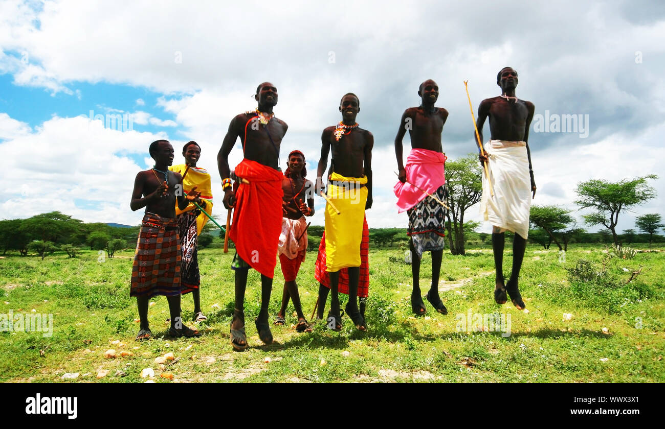 AFRICA,KENYA,Samburu,NOVEMBER 8:African warriors dancing traditional jumps as cultural ceremony,review of daily life of local people,near to Samburu N Stock Photo