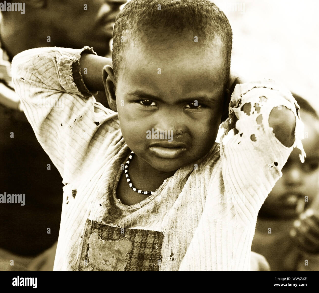 AFRICA,KENYA,SAMBURU,NOVEMBER 8:portrait of an African Kid of Samburu tribe village posing to camera,review of daily life of local people,near Samburu Stock Photo