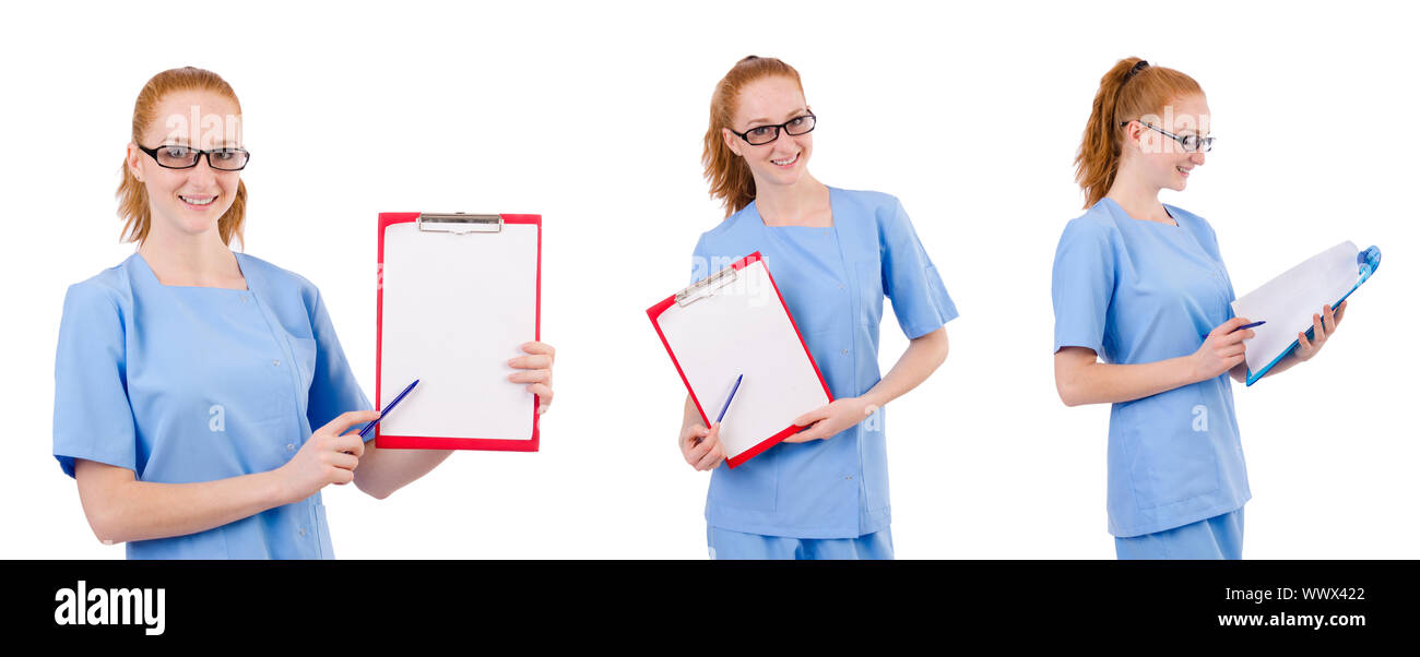Pretty doctor in blue uniform with documents isolated on white Stock ...