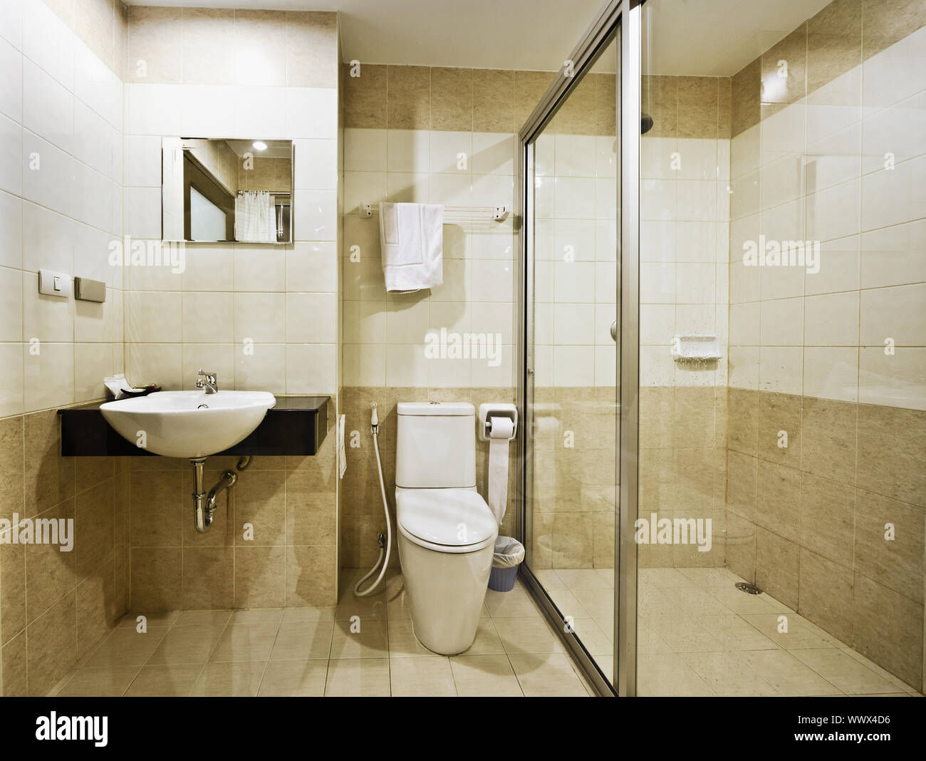 The bathroom in a modern budget hotel Stock Photo - Alamy