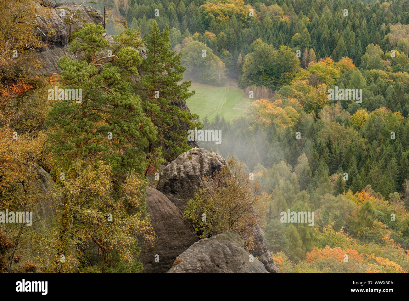 Autumn in the Elbe Sandstone Mountains Bad Schandau Region Schrammsteine Stock Photo