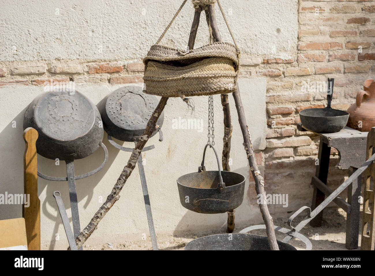 Cook tools and utensils of medieval agriculture, ancient European farming instruments Stock Photo