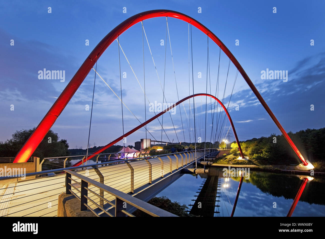 red bridge over chanel Rhein-Herne-Kanal at Nordsternpark, Gelsenkirchen, Ruhr Area, Germany, Europe Stock Photo