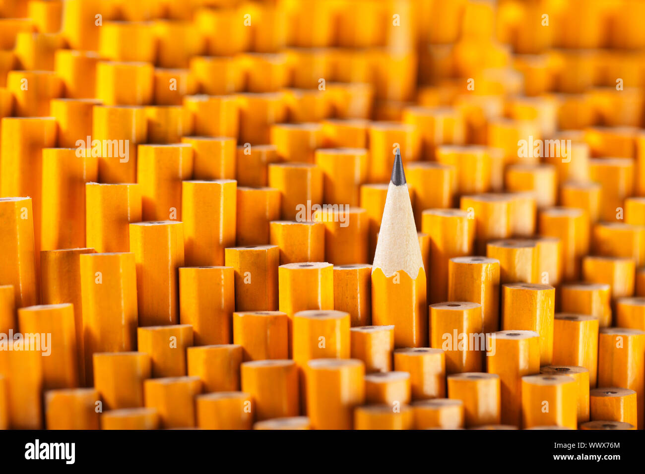 One sharpened pencil among many blunt ones. Stock Photo